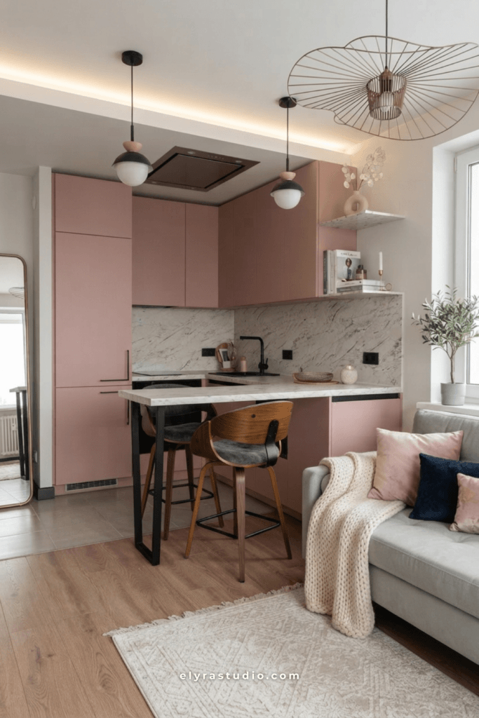 Small kitchen making use of corner storage, wood shelving, functional layout, and modern apartment organization.
