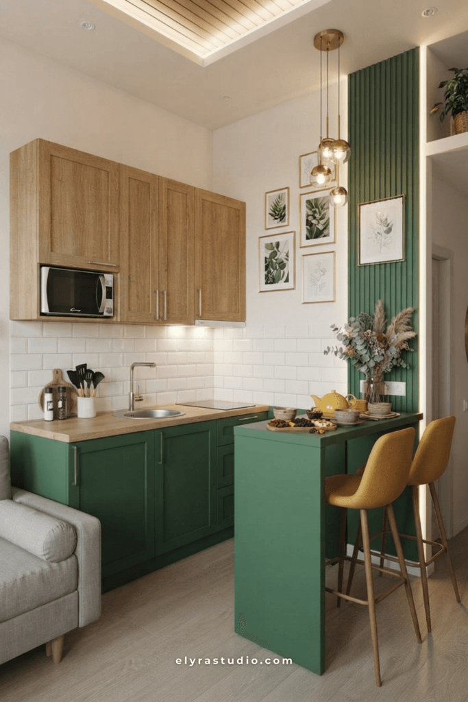 Small kitchen styled with wooden cutting boards, ceramic bowls, glass jars, and functional everyday decor.