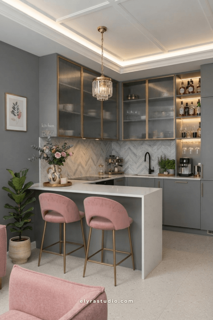 Cozy apartment kitchen with matching wood tones, neutral colors, open shelving, and harmonious modern styling.