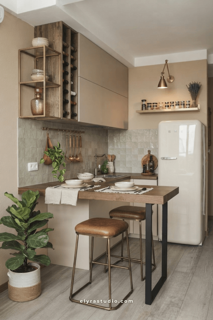 Cozy small kitchen with woven baskets, wood textures, linen accessories, and warm natural materials.