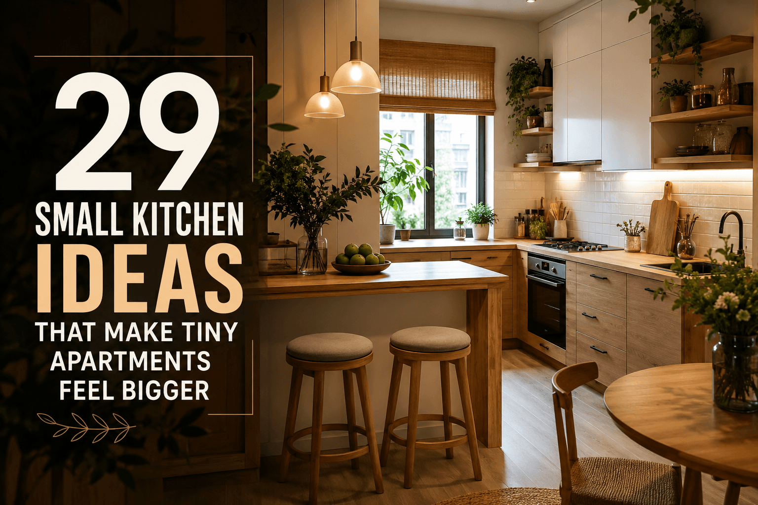 Modern small kitchen with warm wood cabinets, cozy lighting, kitchen island, and space-saving design ideas for tiny apartments featured in a stylish apartment kitchen inspiration guide.